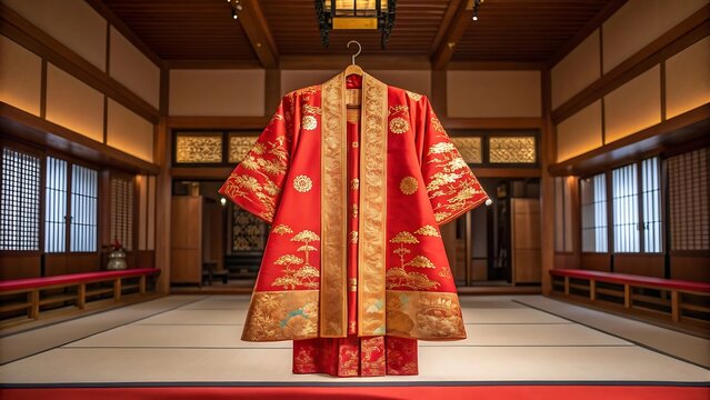 Traditional japanese kimono garment displayed in a museum setting