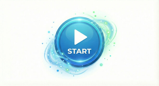 Dynamic blue start button with modern swirl design for engaging user experience and interactive digital media projects ready to grab attention online