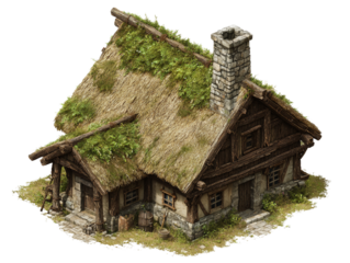 Rustic vintage cottage with thatched roof and stone chimney isolated on white background