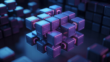 Abstract 3d cube structure with blue and purple lighting