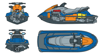 Detailed illustration of a jet ski with visible engine and internal components from multiple angles.