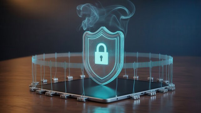 Glowing digital security shield with padlock symbol floats above electronic device surface