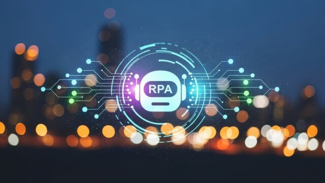 Robotic process automation symbol on abstract circuit board over blurred city lights at night, ai concept