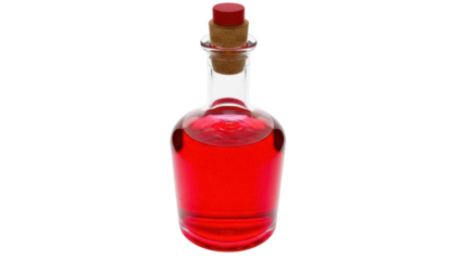 Red potion bottle isolated PNG, glass container with cork stopper filled with liquid for fantasy game asset or Halloween decoration