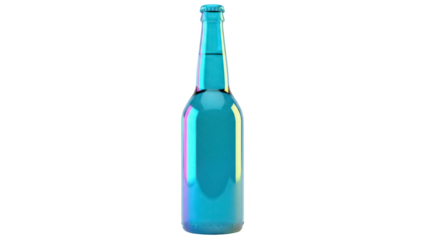 Iridescent blue glass beer bottle isolated PNG on transparent background, refreshing drink container for product mockups and design