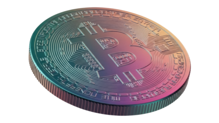 Iridescent Bitcoin coin isolated PNG, cryptocurrency token with rainbow effect for digital finance and blockchain technology concepts