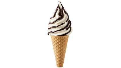 Vanilla soft serve ice cream cone with chocolate syrup isolated PNG, sweet dessert treat on transparent background