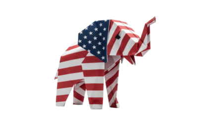 Origami elephant with American flag pattern isolated PNG, patriotic symbol for USA themed designs and political campaigns, on transparent background
