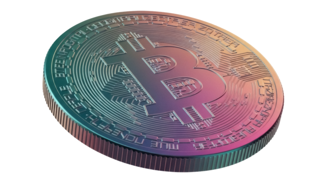 Iridescent Bitcoin coin isolated PNG, cryptocurrency token with rainbow effect for digital finance and blockchain technology concepts