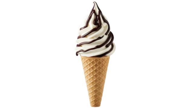 Vanilla soft serve ice cream cone with chocolate syrup isolated PNG, sweet dessert treat on transparent background