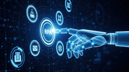 Robotic process automation hand interacting with digital interface displaying rpa icon and various business process symbols, futuristic technology