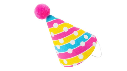 Colorful striped party hat with pompom isolated PNG, festive celebration headwear on transparent background for birthday and event decor
