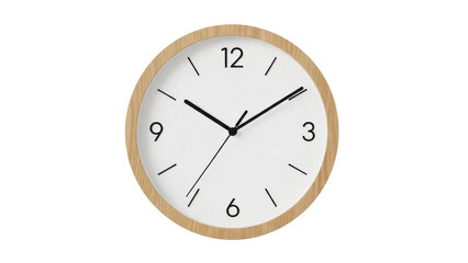 Round wall clock PNG isolated on transparent background, minimalist design with wooden frame and simple black hands for home decor