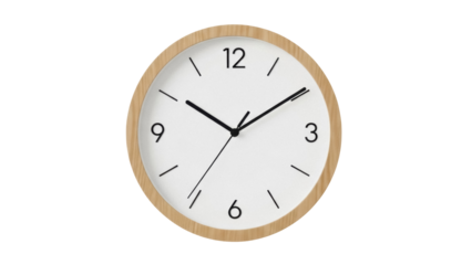 Round wall clock PNG isolated on transparent background, minimalist design with wooden frame and simple black hands for home decor
