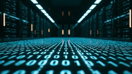 Binary floor leads through datacenter corridor. Rows of server rack line aisle. Glowing code and data stream across floor. Network security vibe feels futuristic. Digital cyber infrastructure hub. - Powered by Adobe