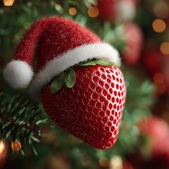 Macro Close Up Fresh Strawberry Wearing Tiny Santa Hat on Pine Tree Branch with Bokeh Background for Festive Holiday Decoration