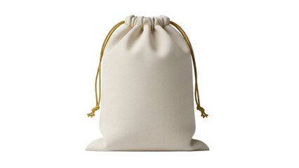Beige drawstring bag isolated PNG on transparent background, small sack for jewelry, favors, or gifts packaging