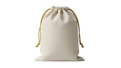 Beige drawstring bag isolated PNG on transparent background, small sack for jewelry, favors, or gifts packaging
