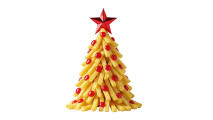 Festive Christmas tree made of french fries and ketchup isolated PNG, creative holiday food concept for seasonal celebrations