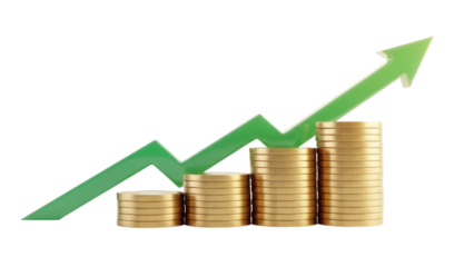 Green arrow pointing up with gold coin stacks isolated PNG, financial growth and investment concept on transparent background