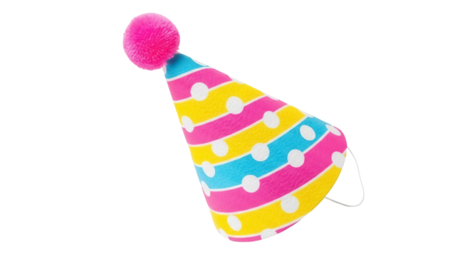 Colorful striped party hat with pompom isolated PNG, festive celebration headwear on transparent background for birthday and event decor