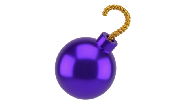 Purple bomb PNG isolated on transparent background, cartoon explosive with golden fuse for games and design use, no background - Powered by Adobe