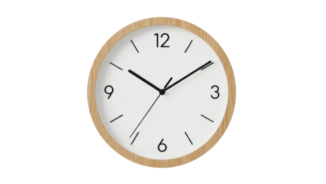 Round wall clock PNG isolated on transparent background, minimalist design with wooden frame and simple black hands for home decor