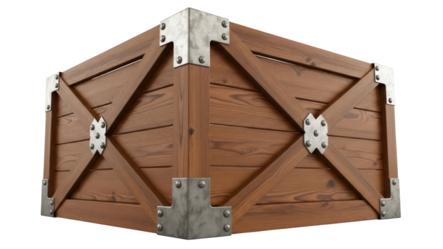 Wooden crate PNG isolated on transparent background, brown cargo box with metal corner protectors for storage and shipping needs