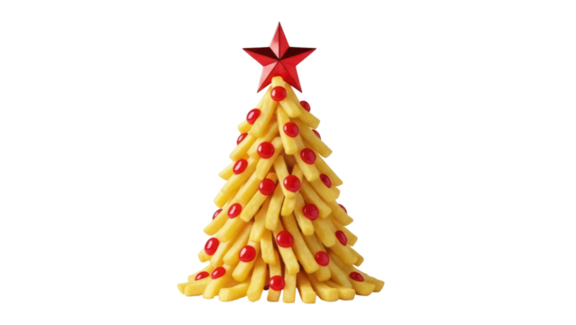 Festive Christmas tree made of french fries and ketchup isolated PNG, creative holiday food concept for seasonal celebrations - Powered by Adobe