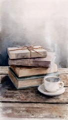 Obraz premium Cozy watercolor scene of vintage books tea cup warmth evokes a peaceful reading moment