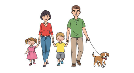 Happy family walking together with their dog enjoying a leisurely stroll outdoors representation of togetherness and love isolated on white background