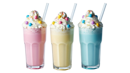 Three colorful milkshakes with whipped cream and sprinkles isolated PNG, sweet dessert drinks on transparent background