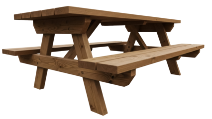 Wooden picnic table isolated PNG, outdoor furniture for backyard garden and park, natural wood finish on transparent background
