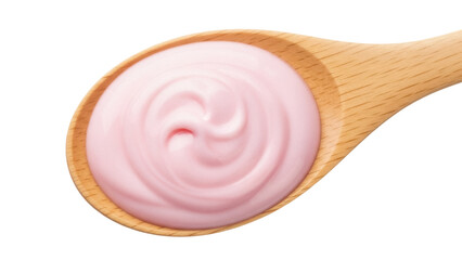 Pink yogurt in wooden spoon isolated PNG, creamy dessert with swirl pattern on transparent background for healthy eating and food photography