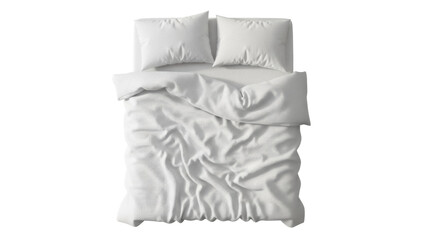 Cozy white bed with pillows isolated PNG, top view of comfortable bedding on transparent background for bedroom interior design