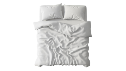 Cozy white bed with pillows isolated PNG, top view of comfortable bedding on transparent background for bedroom interior design