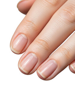 Extreme macro of healthy, moisturized human cuticles and unpolished fingernails on neutral skin, isolated on transparent, soft studio light, concept of natural beauty and hand care