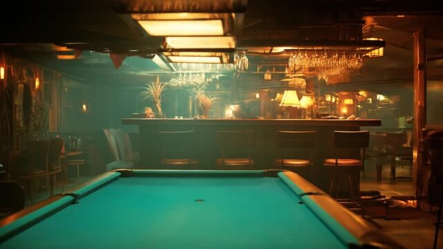 Dim bar hall with teal-felt pool table, warm amber lamps, and shadowed patrons at the very dim   bar