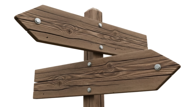 Wooden direction sign PNG isolated on transparent background, rustic arrow signpost for outdoor adventure and travel concepts