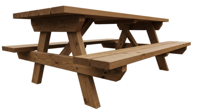 Wooden picnic table isolated PNG, outdoor furniture for backyard garden and park, natural wood finish on transparent background