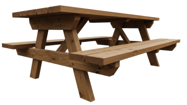 Wooden picnic table isolated PNG, outdoor furniture for backyard garden and park, natural wood finish on transparent background