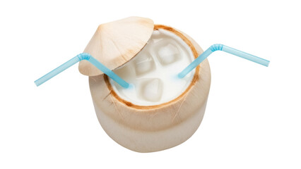 Fresh young coconut drink with two blue straws isolated PNG, tropical refreshment beverage on transparent background for summer and healthy lifestyle