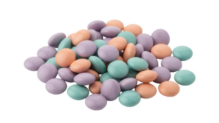 Pastel candy coated chocolate lentils isolated PNG, pile of colorful sweets on transparent background for confectionery and dessert designs