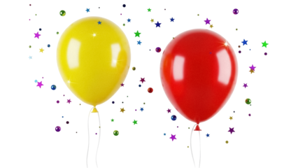 Festive yellow and red balloons PNG isolated with colorful confetti and stars, party decoration for birthday celebration and special events