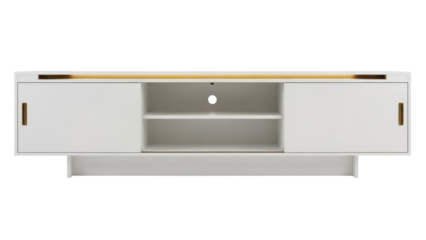 Modern white TV stand PNG isolated on transparent background, minimalist media console with sliding doors for living room furniture
