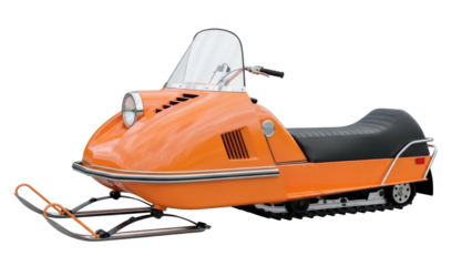 Vintage orange snowmobile PNG isolated on transparent background, classic winter vehicle for recreation and transportation