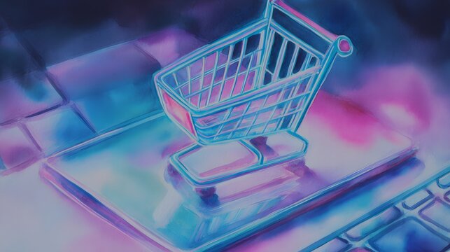 Futuristic digital commerce illustration neon shopping cart glows above laptop touchpad