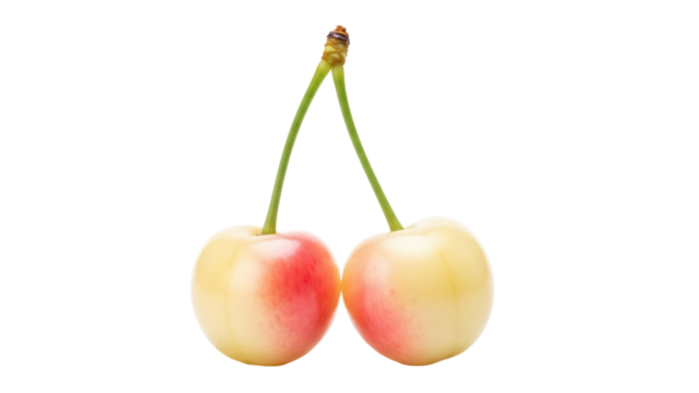 Two Rainier cherries isolated PNG on transparent background, fresh yellow and red fruit with green stems for healthy eating