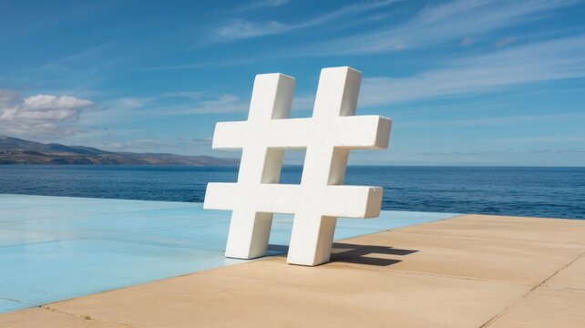 Large white three dimensional symbol sits outdoors beside calm blue water under bright sky