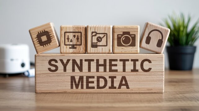 Wooden blocks illustrate the concept of synthetic media production with technology icons. - Powered by Adobe